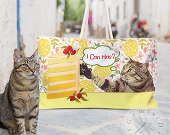 Weekender Bag with Cat and Cake Print, Large Tote, Travel Gift, Funny Cat Lover Gift, Canvas Tote Bag