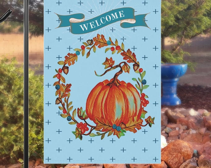 Pumpkin Wreath Welcome Garden Flag, Fall Yard Decor Harvest Sign