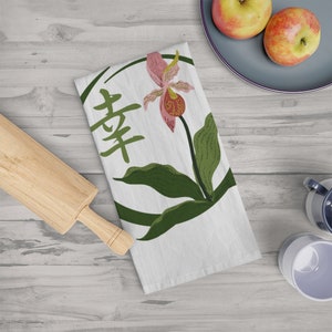 Orchid Tea Towel with Happiness Kanji - Large Kitchen Towel - Lady Slipper Orchid Towel