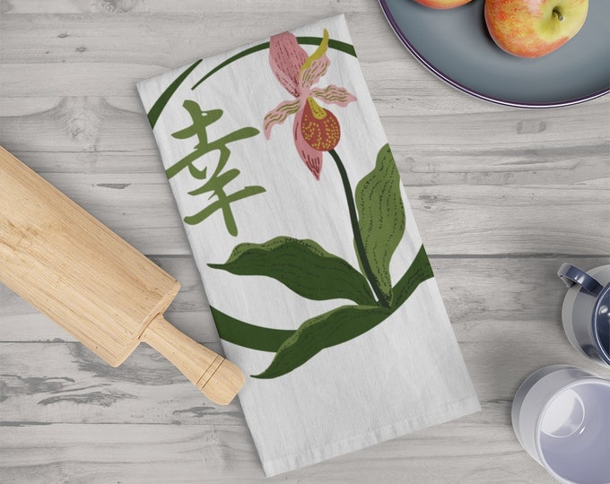 Orchid Tea Towel with Happiness Kanji - Large Kitchen Towel - Lady Slipper Orchid Towel