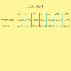 May include: Size chart for clothing with measurements in inches for width and length. The sizes are XS, S, M, L, XL, 2XL, and 3XL.