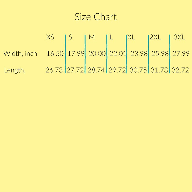 May include: Size chart for clothing with measurements in inches for width and length. The sizes are XS, S, M, L, XL, 2XL, and 3XL.