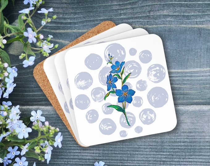 Pretty Blue Forget Me Not Corkwood Coaster Set, Floral Cork Coaster Set of 4