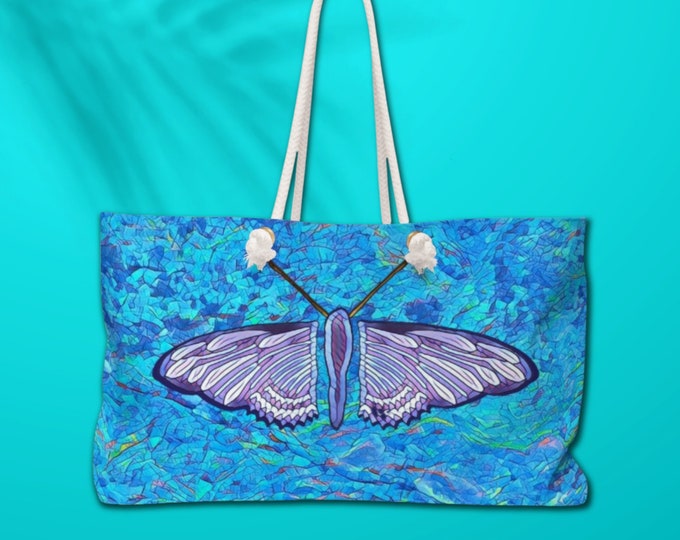 Turquoise Blue Butterfly Bag, Large Tropical Colored Beach Bag, Big Weekender Bag with Butterfly Design