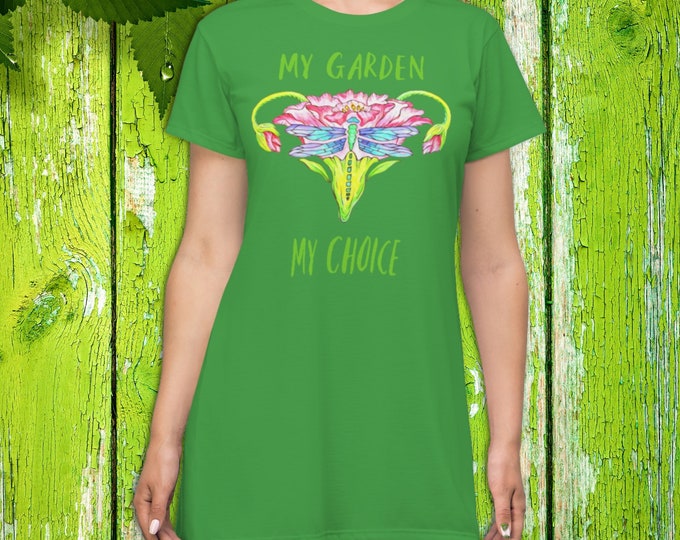 Reproductive Rights T-Shirt Tunic or Nightshirt in Green with Floral Uterus