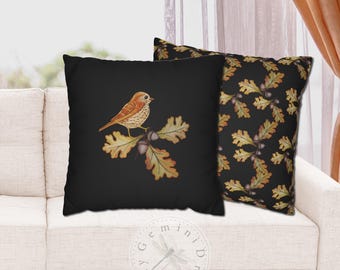 Bird and Oak Leaves Pillow Slip Cover, Reversible Black Accent Pillowcase