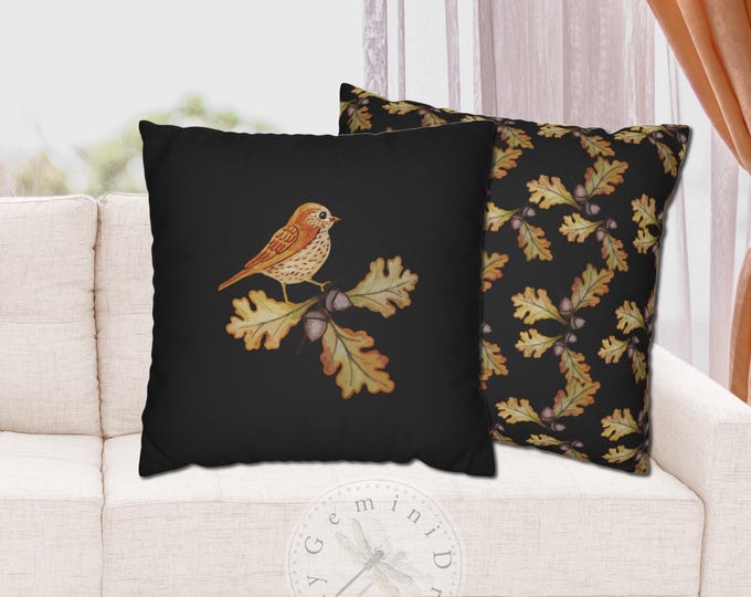 Bird and Oak Leaves Pillow Slip Cover, Reversible Black Accent Pillowcase