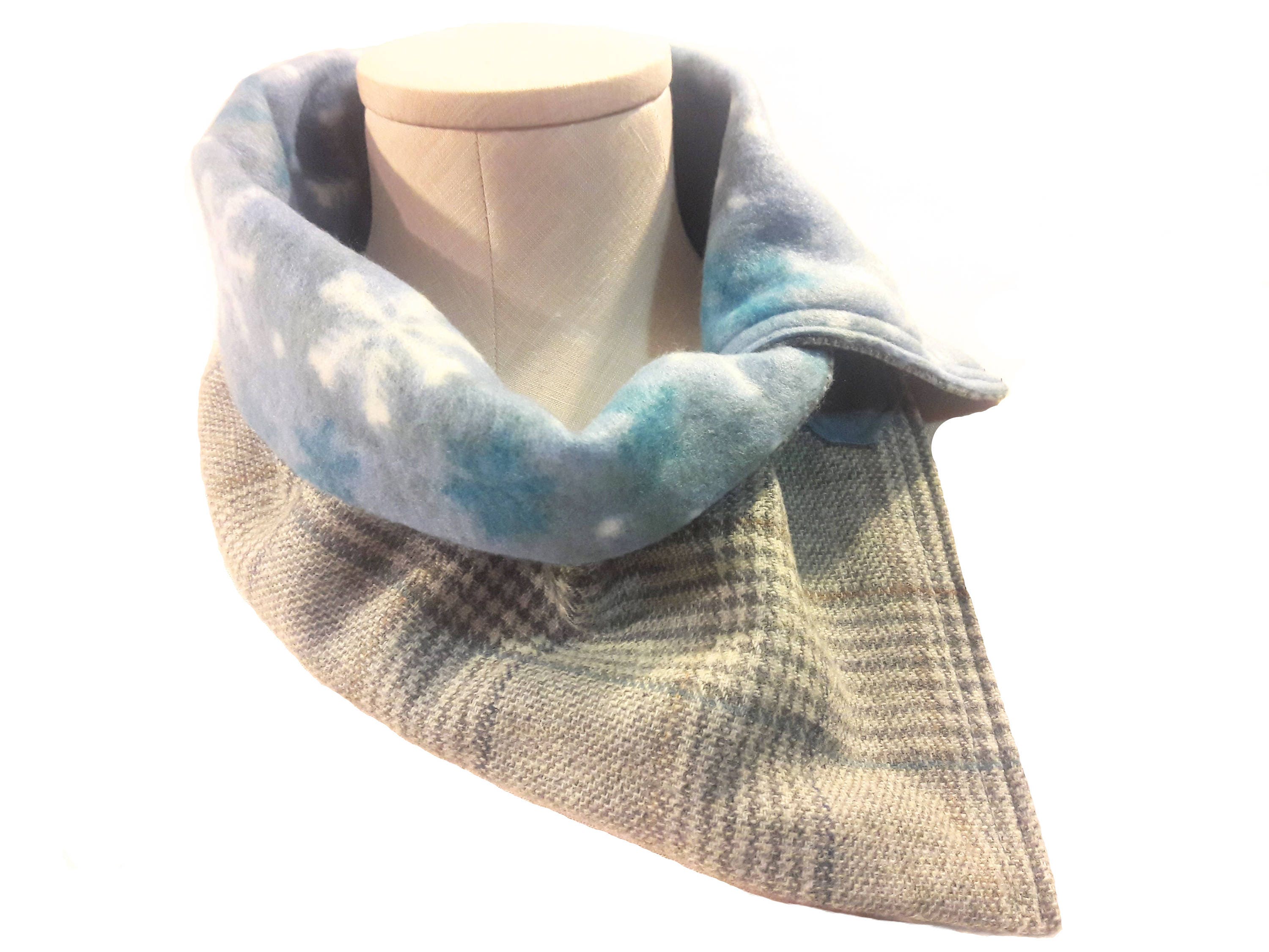 Gray Wool Plaid Neck Warmer with Soft Fleece Liner, Wool and Fleece Crossover Scarf, Upcycled