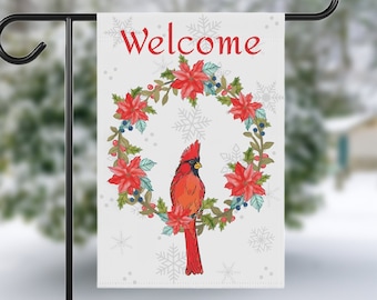 Winter Welcome Garden Flag, Cardinal and Wreath Sign