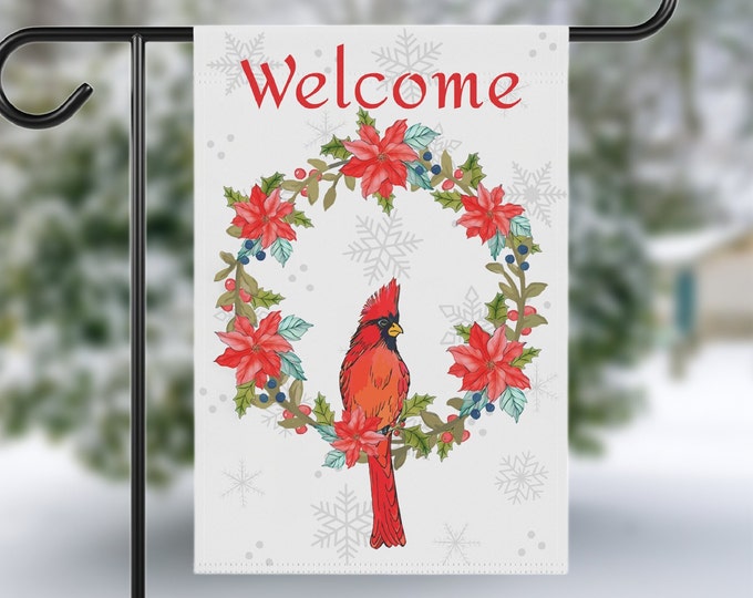 Winter Welcome Garden Flag, Cardinal and Wreath Sign