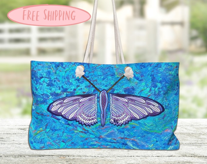 Pretty Butterfly Large Bag, Tropical Colored Beach Bag, Big Weekender Tote Bag with Mosaic Butterfly Design