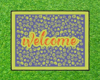 Welcome Mat in Periwinkle Blue and Chartreuse Green, Heavy Duty Welcome Mat, Bright Welcome Mat