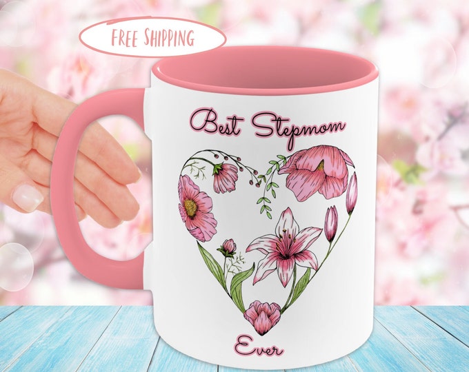 Best Stepmom Coffee Mug with Floral Heart | Heart of Flowers Mug | Stepmom Gift Pink Coffee Mug