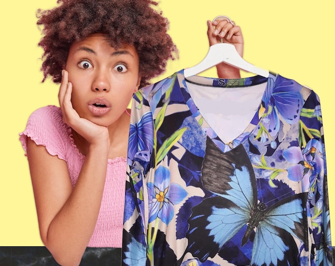 Blue Butterflies and Forget-Me-Not Women's Shirt, Floral V-neck Long Sleeve Tee