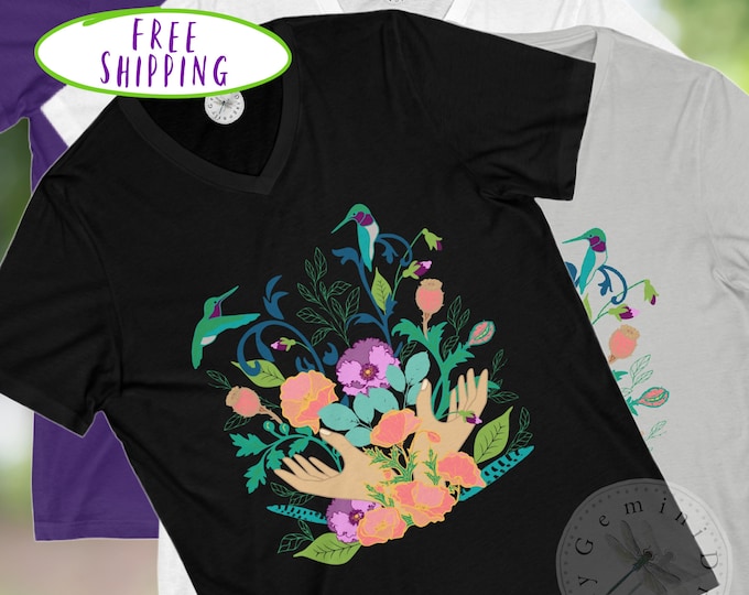 Pretty Summer T-Shirt, Nature Lover Short Sleeve V-Neck Tee with Flowers and Hummingbirds