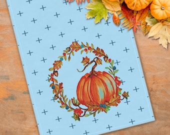 Cotton Kitchen Towel with Fall Pumpkin Wreath, Thanksgiving Dishtowel