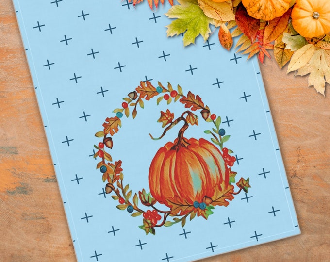 Cotton Kitchen Towel with Fall Pumpkin Wreath, Thanksgiving Dishtowel
