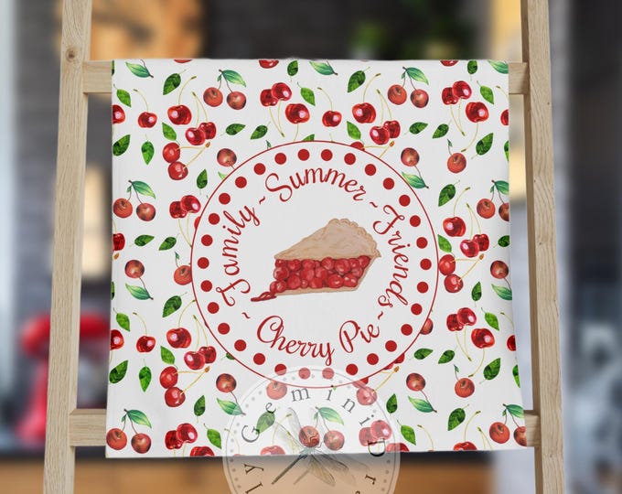 Cherry Pie Dish Towel, Summertime Kitchen, Red and White Cotton/Polyester Towel, Pretty, Farmhouse Decor, Gift for Baker, Housewarming gift