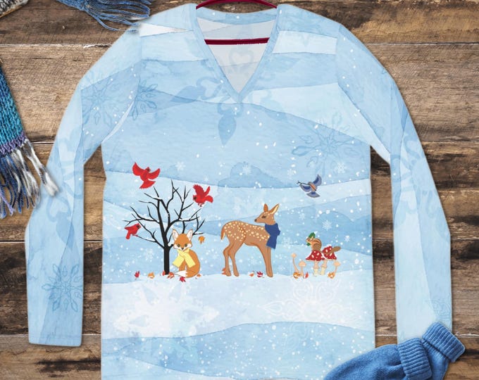 Winter Wonderland Animal Print V-Neck, Light Blue Long Sleeve Shirt