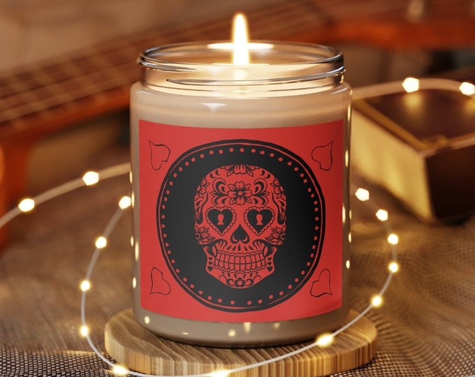 Sugar Skull Candle in Vanilla or Cinnamon Stick Scents, 9oz Dia De Los Muertos Candle