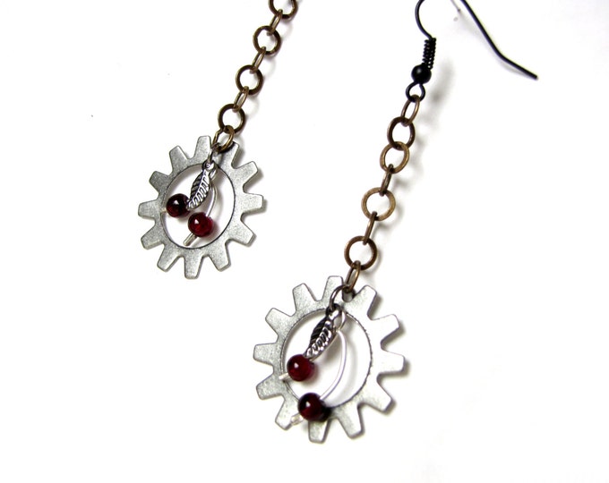 Sweet Cherry Earrings with Drop Steampunk Styling in Mixed Metals
