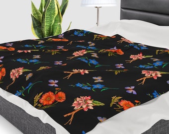 Butterfly Flower Velvet Blanket Throw - Black Background, Plush Soft Bedding, Cozy Home Decor, Floral Print Fleece Coverlet, Large Lap Throw