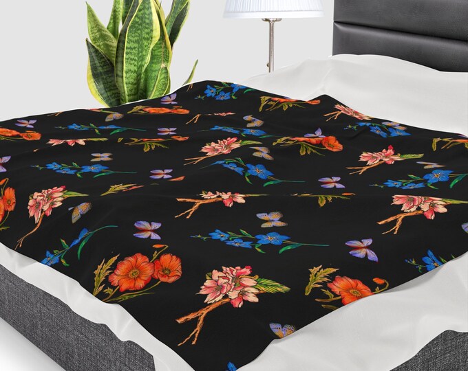 Butterfly Flower Velvet Blanket Throw - Black Background, Plush Soft Bedding, Cozy Home Decor, Floral Print Fleece Coverlet, Large Lap Throw