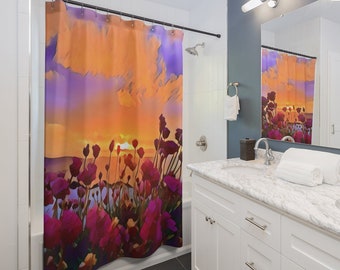 Ocean Sunset Photo Shower Curtain, Coastal Bathroom Decor, Floral Beach Bath Curtain, Nature Lover Home