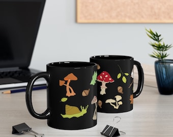 Woodland Mushroom Black Mug, 11 oz. Coffee Mug with Original Design for Nature Lover, Snail, Bird, Mushrooms and Leaves Cup