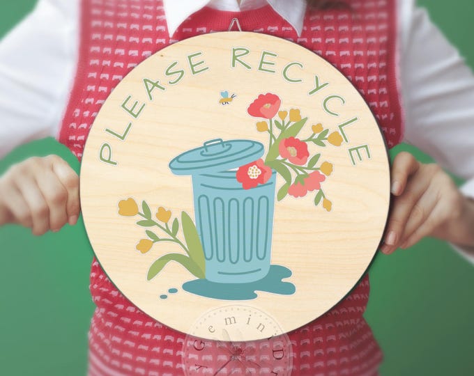Wood Sign, Please Recycle Wall Art Sign with Whimsical Trash Can and Bee Graphic, Eco-Friendly Home Decor, Sustainable Living