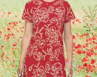 Red and White  Poppy T-Shirt Dress Tunic
