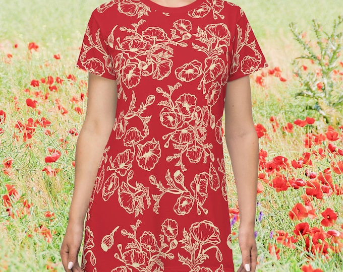 Red and White  Poppy T-Shirt Dress Tunic