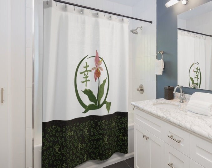 Asian Orchid Happiness Kanji Shower Curtain, Bathroom Decor, Love Peace Happiness Kanji Accents, Black Green Oriental Bath Curtain