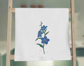 Large Hand Towel with Blue Forget Me Not Flowers for Kitchen or Bath, Forget Me Not Gift for Friendship