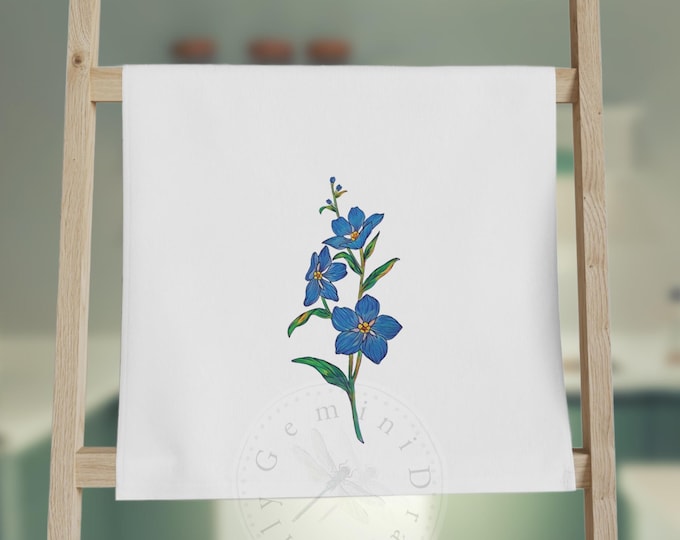 Large Hand Towel with Blue Forget Me Not Flowers for Kitchen or Bath, Forget Me Not Gift for Friendship