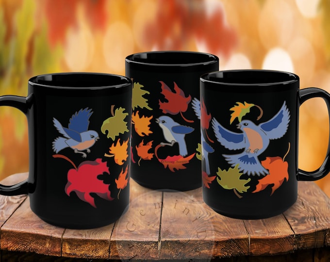Large Mug for Fall, Bluebirds in Autumn Leaves, Bird Lover Gift, Coffee Cup, Tea Mug, Fall Decor, Nature Inspired Gift