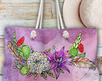 Boho Cactus Tote Bag, Southwest Style Purse, Succulent Weekender Bag for Travel, Large Bohemian Shoulder Bag, Purple Distressed Carryall