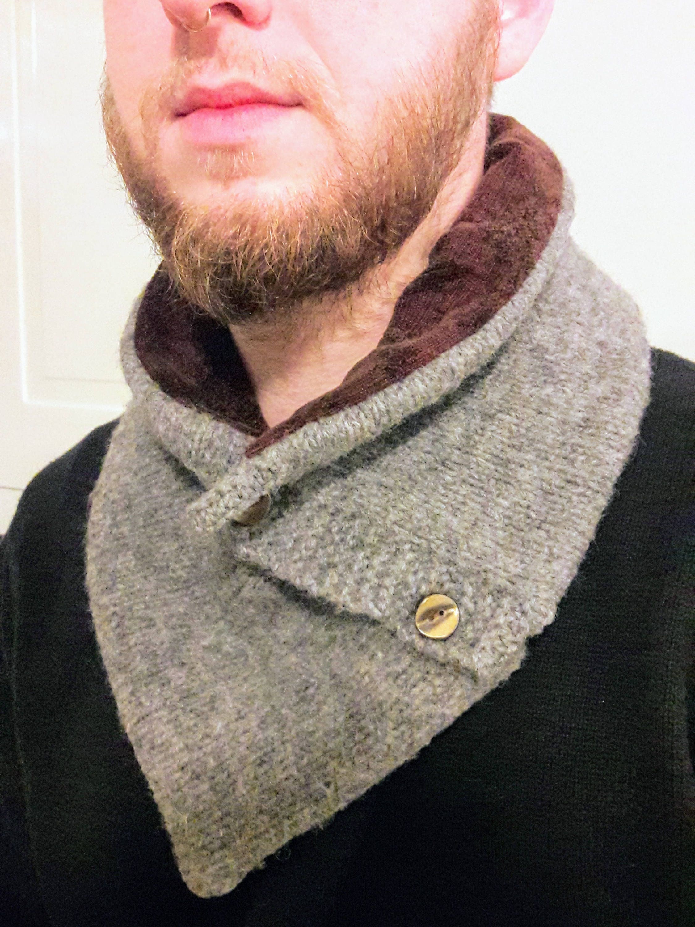 Neck Warmer Crossover Scarf in Gray and Blue Tartan Plaid Wool Fleece