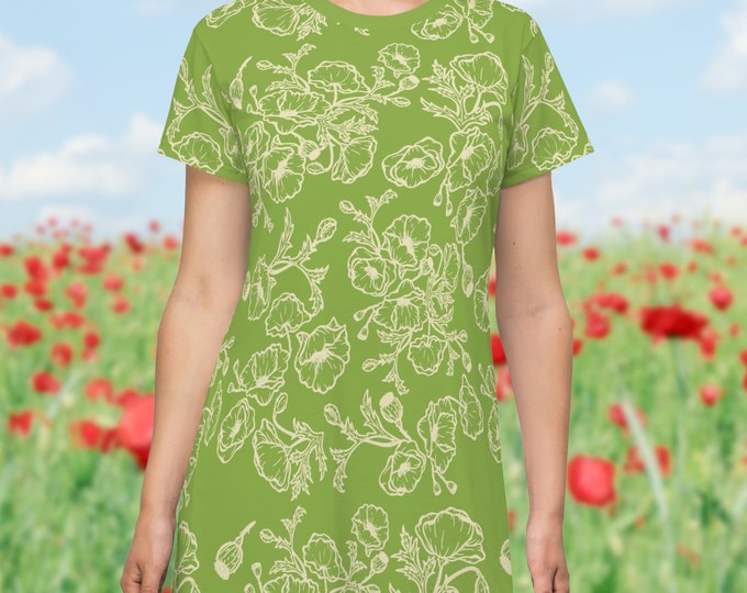 Spring Green T-Shirt Tunic Dress with a Field of Pretty Poppies