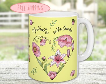 Pastel Yellow Ceramic Mug with Pink Heart of Flowers, 11oz Coffee Cup for Garden Lovers, Gift for Her