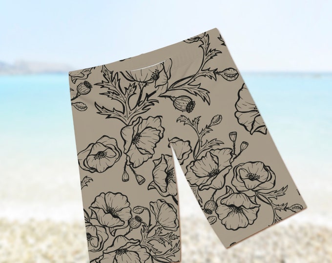 Tan and Black Women's Stretch Shorts with All Over Poppy Print