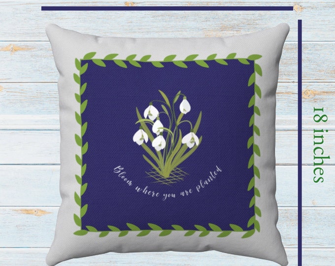 Snow Drop Floral Square Pillow in Blue and Light Gray