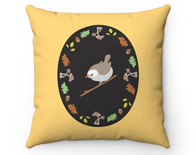 Cute Bird Accent Pillow in Warm Yellow and Black, Wren Motif 14 Inch Pillow, Nature Inspired Pillow