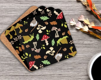 Coaster Set, Woodland Magic Print Corkwood Coasters, Mushrooms Birds Snails Leaves Acorns, Gift Idea, Home Decor, Housewarming Present