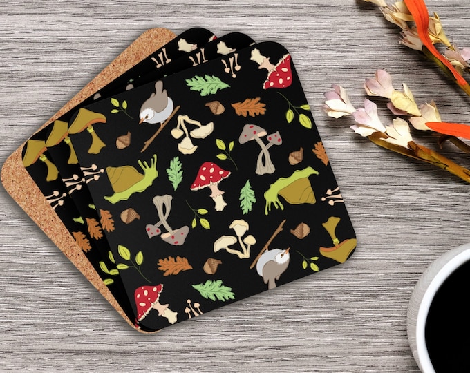 Coaster Set, Woodland Magic Print Corkwood Coasters, Mushrooms Birds Snails Leaves Acorns, Gift Idea, Home Decor, Housewarming Present