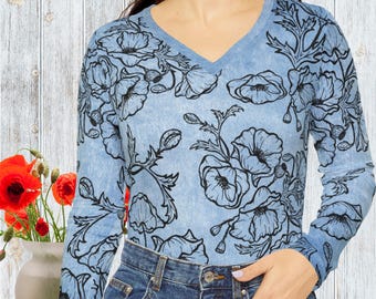 Women's Long Sleeve Blue and Black Poppy Print V-neck Shirt