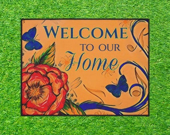 Rose and Butterfly Welcome Mat, Heavy Duty Door Mat, Pretty Patio Decor Curb Appeal