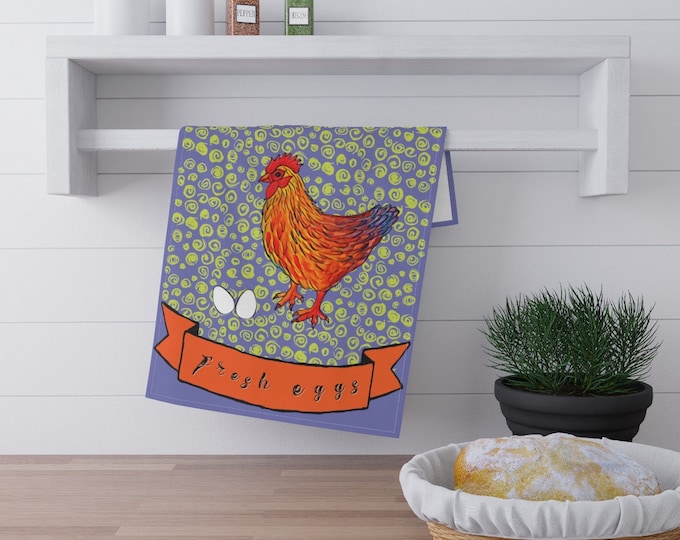 Cotton Dish Towel with Chicken and Fresh Eggs Print in Periwinkle Blue and Chartreuse Green, Farmhouse Kitchen Dish Towel