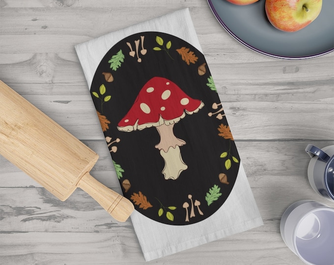 Cute Mushroom Tea Towel, Cotton Dish Towel with Red Mushroom, Mushroom Lover Gift, Baker's Towel