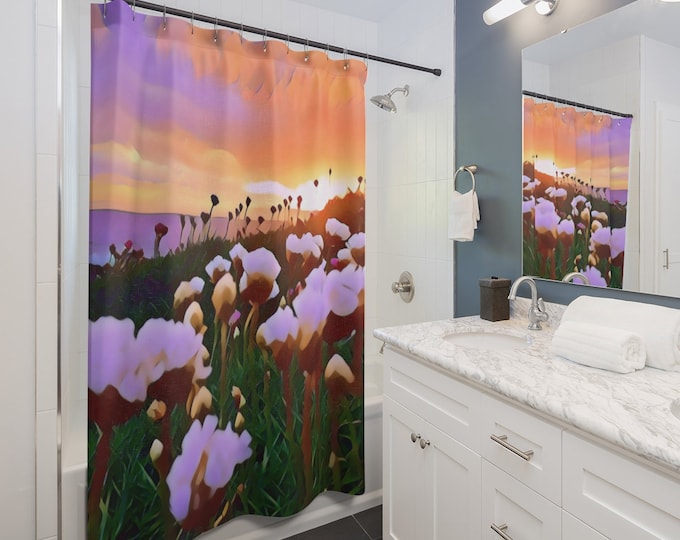 Colorful Shower Curtain of Coastal Flowers Overlooking the Ocean at Sunset